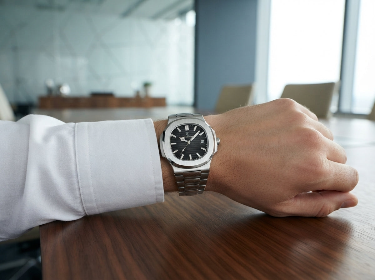 A professional wearing a luxury stainless steel watch tucked under a white shirt cuff in a modern boardroom setting.