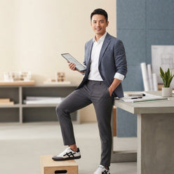 A professional portrait of David Chen wearing comfortable, modern Anjrs sneakers in a bright, clean studio setting.