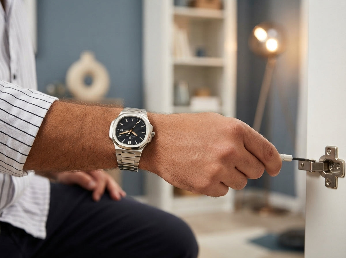 A person wearing a luxury brushed stainless steel watch while working on a home project in a modern, well-lit room.