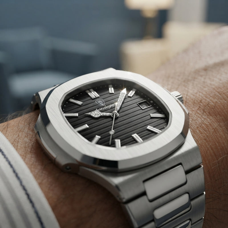 Close-up of a luxury stainless steel watch face showing intricate diamond-cut hands on a person's wrist.
