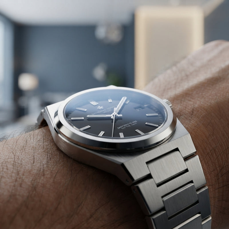 A close-up view of a luxury stainless steel watch on a wrist, highlighting the clear sapphire glass face and metallic finish.