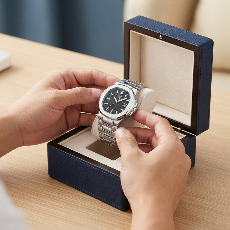 Hands carefully unboxing a premium stainless steel luxury watch on a clean, minimalist desk surface.